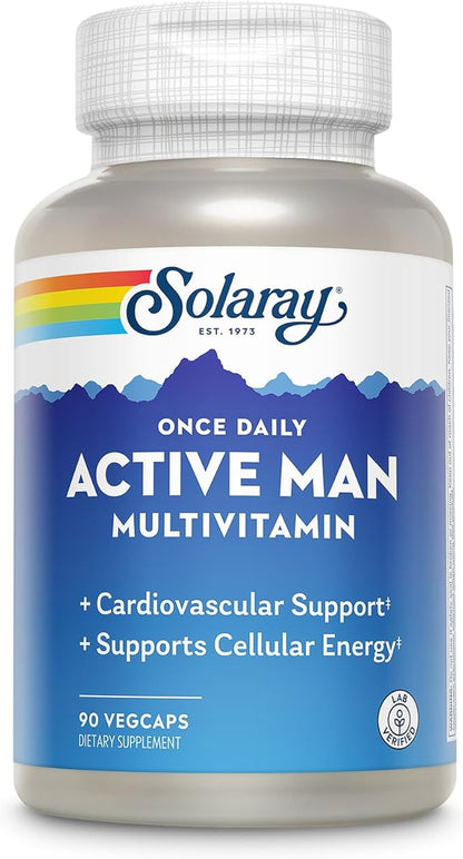 Solaray Once Daily Active Man Multivitamin & Mineral, Multivitamin for Cardiovascular, Support, Energy & Focus, Digestive Enzyme Blend, Amino Acids and Whole Food Base, 90 Servings, 90 VegCaps