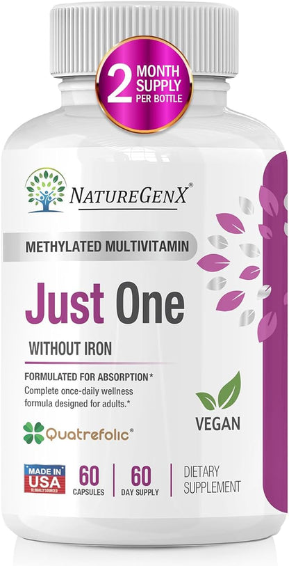 Just One Daily Methylated Multivitamin - 60 Caps Pure Methyl B12, Methylfolate MTHFR Support Supplement Iron Free Methylated Vitamins for Men & Women 2 Months Supply Gluten Free