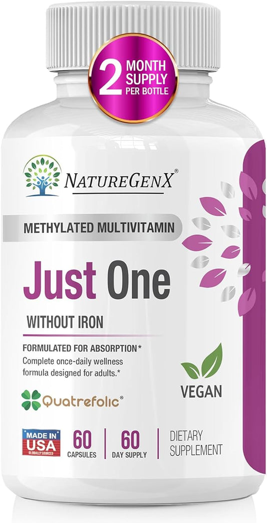 Just One Daily Methylated Multivitamin - 60 Caps Pure Methyl B12, Methylfolate MTHFR Support Supplement Iron Free Methylated Vitamins for Men & Women 2 Months Supply Gluten Free