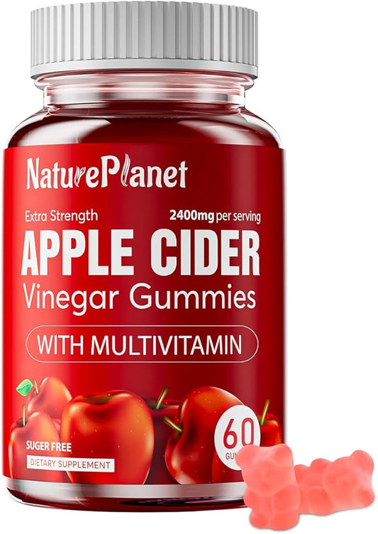 Apple Cider Vinegar Gummies, 2400 MG ACV Gummies with Multivitamin, Vegan, Non-GMO, Gluten Free, 60 Gummies