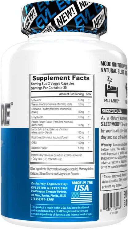 Evlution Nutrition Herbal Complex Sleep Supplements for Adults Gentle Sleep Support Adult Melatonin Pills with Valerian L-Tryptophan Lemon Balm and More - Restful Calm Sleep Capsules - 30 Servings