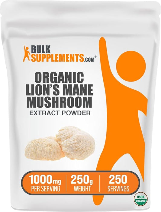 BulkSupplements.com Organic Lion's Mane Mushroom Extract Powder - Lions Mane Supplement Powder, Lion's Mane Extract - Mushroom Supplement, 1000mg per Serving, 250g (8.8 oz) (Pack of 1)