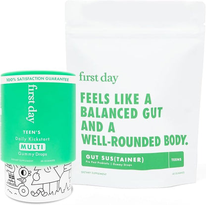 FIRST DAY Teens Daily Multivitamin + Tribiotic Gummies – Vitamin A, D3, B6, B12, C, Pre+, Post+, Probiotics & More to Support Growth, Brain Function, Immunity, Digestion – Low Sugar – 30 Day Supply