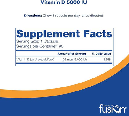 Bariatric Fusion Vitamin D3 5000 IU | Easy to Swallow Bariatric Vitamin D Capsule| One Per Day | Support Bone Strength and Calcium Absorption* | Post Bariatric Surgery | 90 Capsules