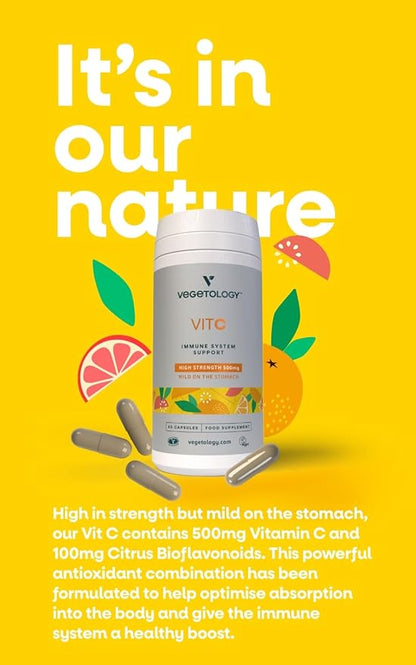 Vegan Vitamin C Supplements — VIT C + Citrus Bioflavonoids — Vitamins and Health Supplements — Daily Supplements (60 Capsules) — Vitamin C 500mg Capsules — Antioxidants Supplement