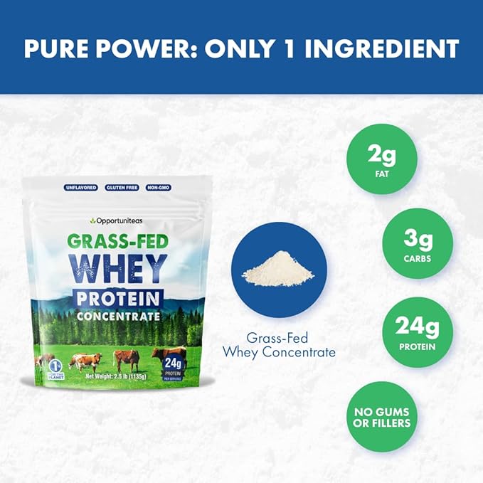 Opportuniteas Grass Fed Whey Protein Powder Concentrate - Unflavored & Unsweetened - Pure Protein Supplement for Drink, Smoothie, Shake, Cooking & Baking - Non GMO, Hormone Free & Gluten Free - 5 lb