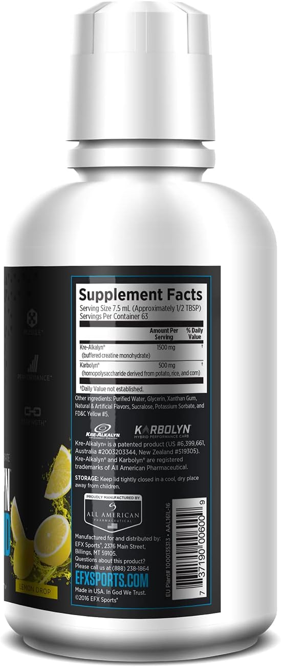 EFX Sports Kre-Alkalyn Creatine, Liquid Concentrate, PH-Correct Creatine Monohydrate, Multi-Patented Formula, Gain Strength, Build Muscle & Enhance Performance (63 Servings, Lemon Drop)