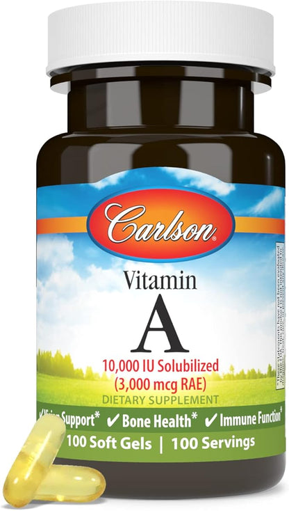Carlson - Vitamin A Solubilized, 10000 IU (3000 mcg RAE), Water Soluble, Vision Health, 100 Softgels