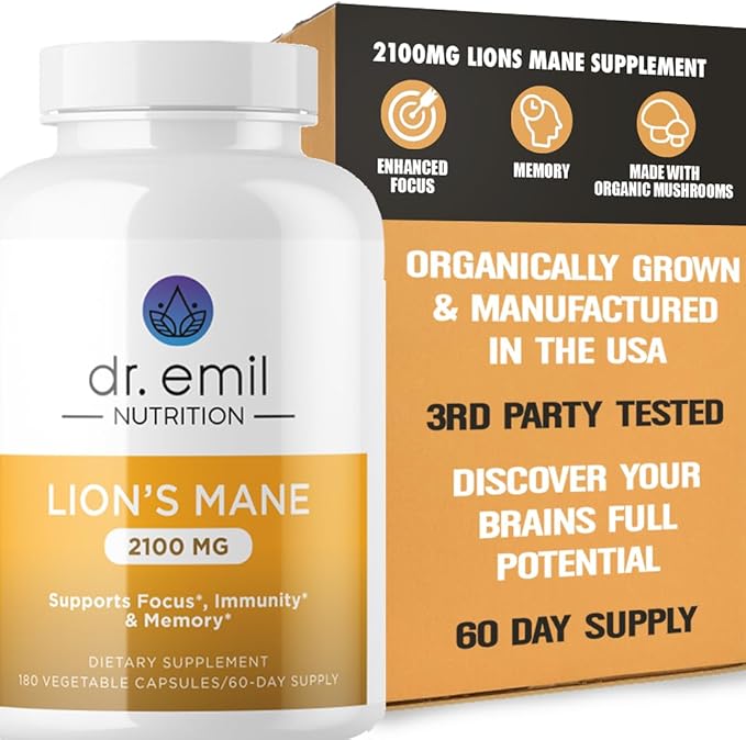Organic Lions Mane Mushroom Supplement for Mental Clarity, Focus & Immune Support - Organic Brain Boosting Nootropic Lions Mane Mushroom Capsules with 100% Organic Lions Mane Extract, 60 Servings