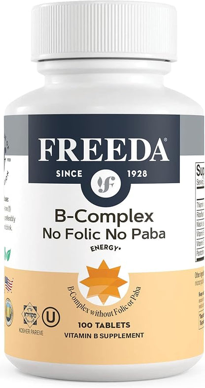 Freeda Vitamin B Complex No Folic No PABA - Super B Complex Kosher Vitamin Supplement with Vitamin B1 Vitamin B2 Vitamin B3 Vitamin B5 Vitamin B6 Vitamin B12 - Vit B Complex B for Women & Men (100 Ct)
