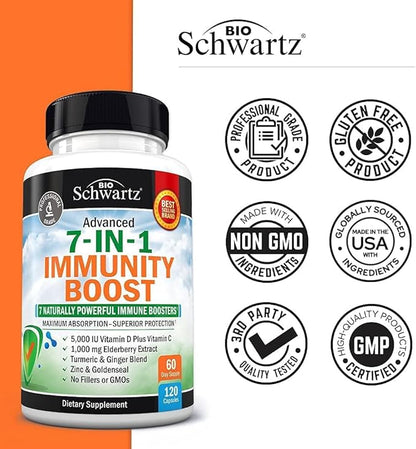 Immune Support Supplement with Zinc Vitamin C Vitamin D 5000 IU Elderberry Ginger D3 Goldenseal - Dr Approved Immunity Vitamins for Adults Women and Men - Natural Immune System Booster Defense -120ct
