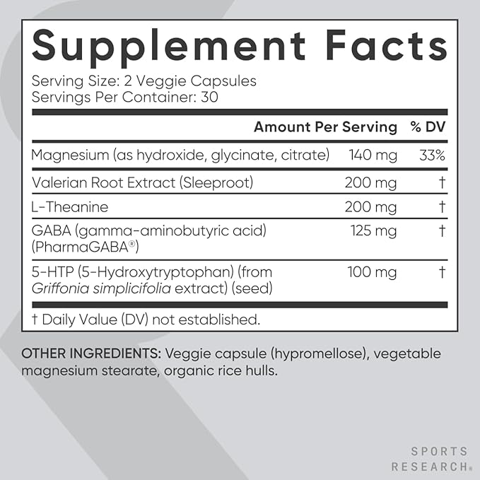Sports Research® Sleep Complex- Melatonin-Free Vegan Capsules - with Valerian Root, GABA, L-Theanine, Magnesium & 5-HTP - 30 Servings