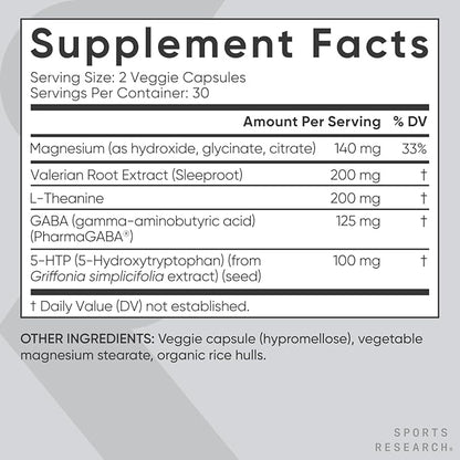 Sports Research® Sleep Complex- Melatonin-Free Vegan Capsules - with Valerian Root, GABA, L-Theanine, Magnesium & 5-HTP - 30 Servings