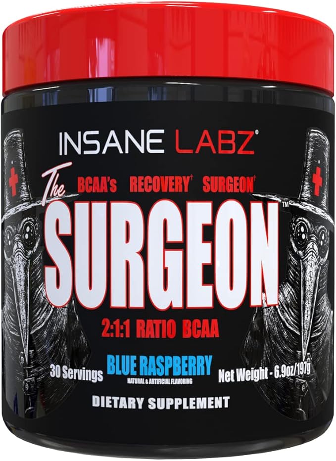 Insane Labz The Surgeon BCAA Recovery Powder - Branched Chain Amino Acid Post Workout Drink for Muscle Recovery - 30 Srvgs (30 Servings (Pack of 1), Blue Raspberry)