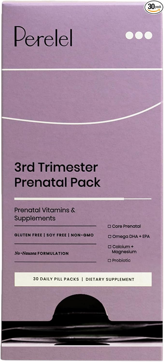Perelel 3rd Trimester Prenatal Pack - Daily Pregnancy Vitamins - Probiotics, Prenatal Vitamins + Omega 3 DHA Supplements for Women - Soy-Free, Non-GMO Women's Vitamins (30 Pill Packs)