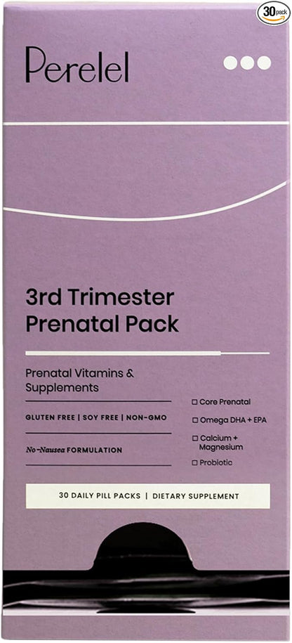 Perelel 3rd Trimester Prenatal Pack - Daily Pregnancy Vitamins - Probiotics, Prenatal Vitamins + Omega 3 DHA Supplements for Women - Soy-Free, Non-GMO Women's Vitamins (30 Pill Packs)