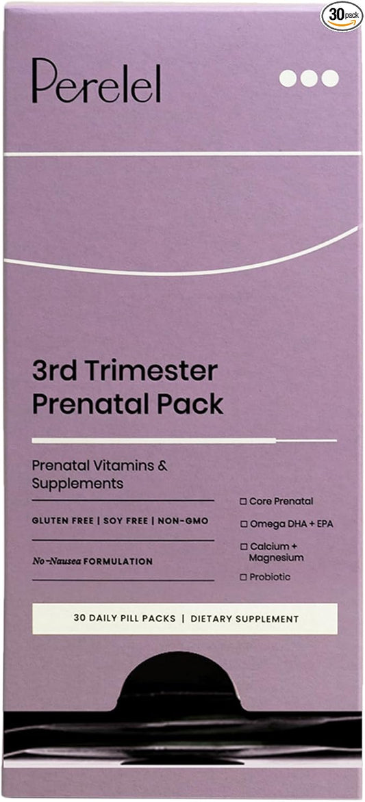 Perelel 3rd Trimester Prenatal Pack - Daily Pregnancy Vitamins - Probiotics, Prenatal Vitamins + Omega 3 DHA Supplements for Women - Soy-Free, Non-GMO Women's Vitamins (30 Pill Packs)