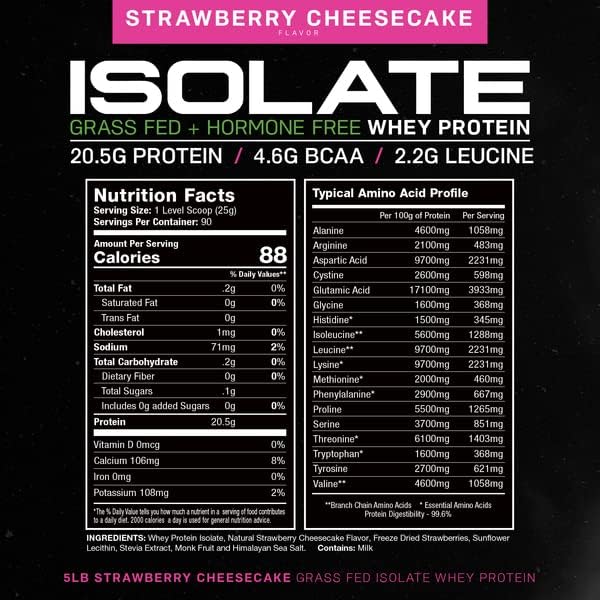 Muscle Feast Grass-Fed Whey Protein Isolate, All Natural Hormone Free Pasture Raised, Strawberry Cheesecake, 5lb