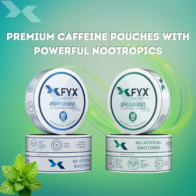 FYX Caffeine Nootropic Pouches (Spearmint) – Clean Energy & Focus with Alpha-GPC, L-Tyrosine & L-Theanine – Brain Supplement 60mg Caffeine Pouches – Sugar-Free Alpha Nootropic Pouches – 20-Pack
