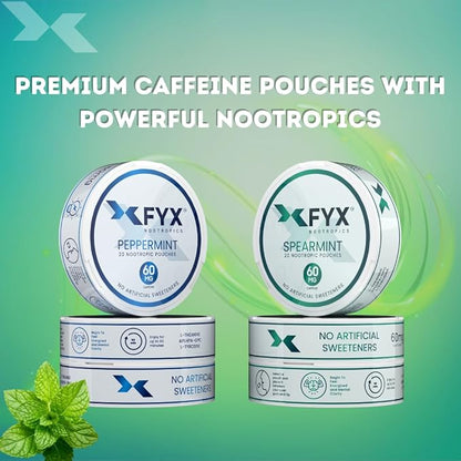 FYX Caffeine Nootropic Pouches (Spearmint) – Clean Energy & Focus with Alpha-GPC, L-Tyrosine & L-Theanine – Brain Supplement 60mg Caffeine Pouches – Sugar-Free Alpha Nootropic Pouches – 20-Pack