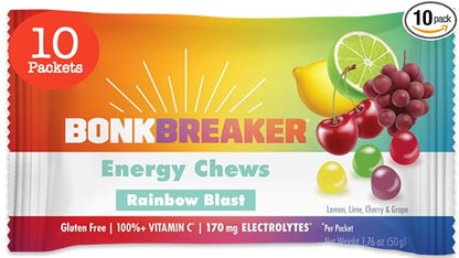 Bonk Breaker Energy Chews, Dairy-Free, Gluten-Free Ingredients to Provide Quick Energy and Focus, 1 Box of 10 Packets, Rainbow Blast