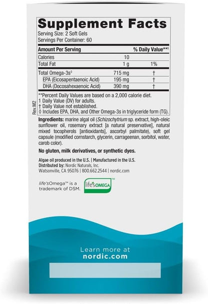 Nordic Naturals Algae Omega - 120 Soft Gels - 715 mg Omega-3 - Certified Vegan Algae Oil - Plant-Based EPA & DHA - Heart, Eye, Immune & Brain Health - Non-GMO - 60 Servings