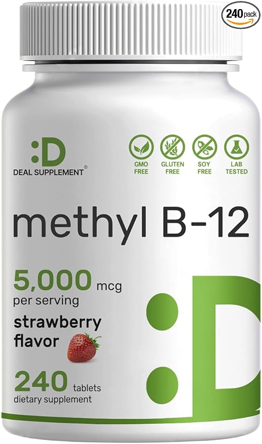 DEAL SUPPLEMENT Methyl B-12 Vitamins 5000 mcg, 240 Chewable Tablets | Active Form - Strawberry Flavored - Energy Support & Brain Health Function - Vegetarian & GMO Free