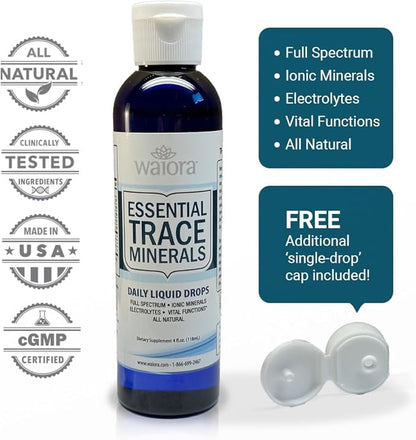 Waiora Essential Trace Minerals | Help Replenish Key Trace Minerals | 60+ Ionic Trace Minerals | Support Body’s Essential Functions, pH Balance | Plus Electrolytes for Hydration (4 Bott /192 serv)