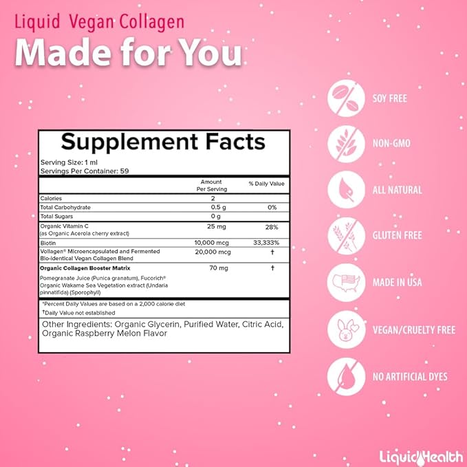 LIQUIDHEALTH 100% Vegan Collagen Plus Biotin 100,000mcg Liquid Drops - Plant-Based Liquid Collagen for Women, Men - Hair & Nail Growth, Skin Health, Boosts Metabolism - Non-GMO, Sugar Free (3 Pack)