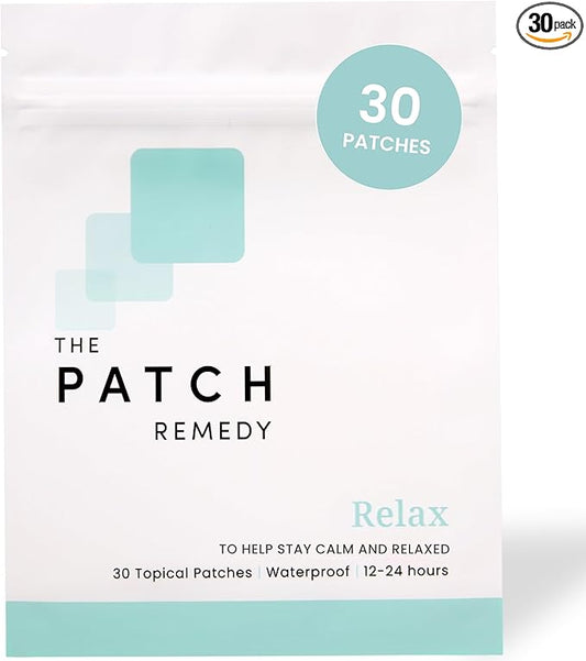 The Patch Remedy Relax Patches - 30 Topical Stress Relief Patches with Ashwagandha, L-theanine, Lemon Balm, Valerian, Passionflower, Vitamin B6, Rhodiola Rosea | Calming, Relieving, Relaxing