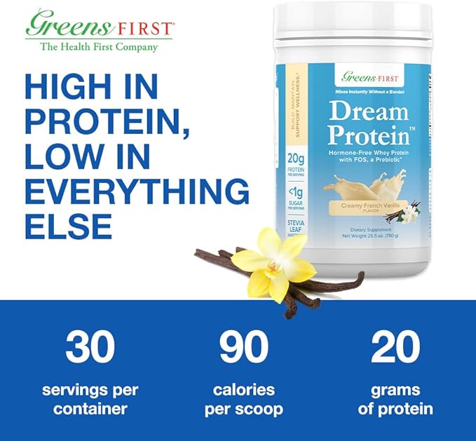 Greens First Dream Whey Protein Powder, Creamy French Vanilla, 30 Servings – 20 g Protein – Low Carb Powder – Hormone-Free, Non-GMO, No Artificial Sweeteners/MSG/Aspartame, 26.5 oz