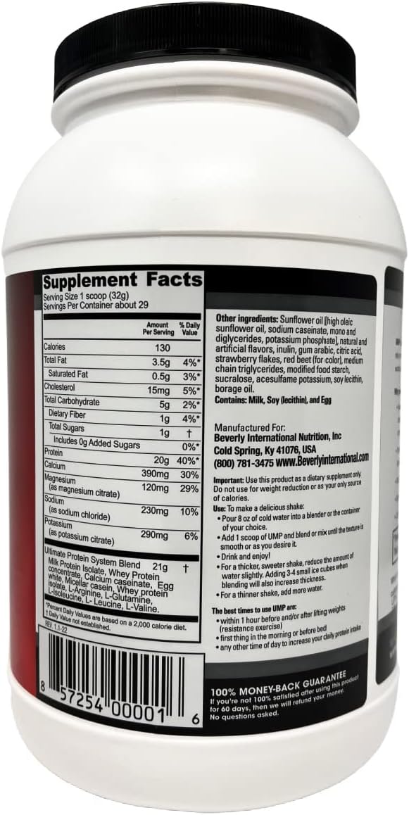 Beverly International UMP Protein Powder, Strawberry. Unique Whey-Casein Ratio Builds Lean Muscle. Easy to Digest. No Bloat. (32.8 oz) 2lb .8 oz