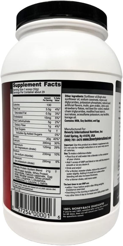 Beverly International UMP Protein Powder, Strawberry. Unique Whey-Casein Ratio Builds Lean Muscle. Easy to Digest. No Bloat. (32.8 oz) 2lb .8 oz
