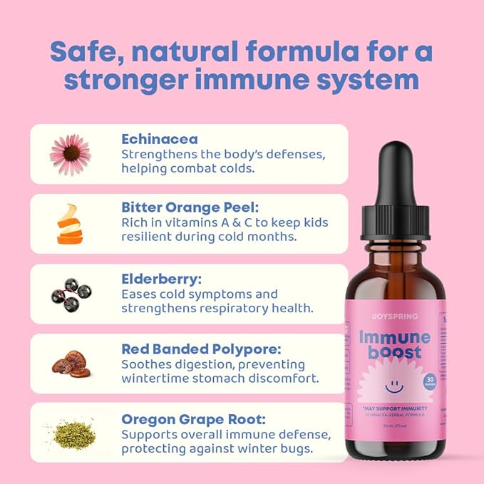 JoySpring Immune Drops - Kids’ Immunity Support Supplement (1 fl oz, 30 Servings) with Organic Elderberry Liquid, Echinacea, Oregon Grape Root & Orange Peel for Ages 2-16+ Years and Adults.