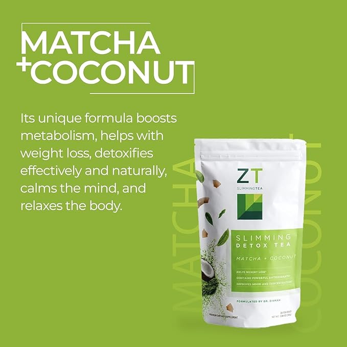 Dr. Zisman ZT Slimming - Matcha-Coconut Detox Blend, Weight Management Tea with Antioxidant Effects, Enhances Mood and Improves Concentration (28 Tea Bags)