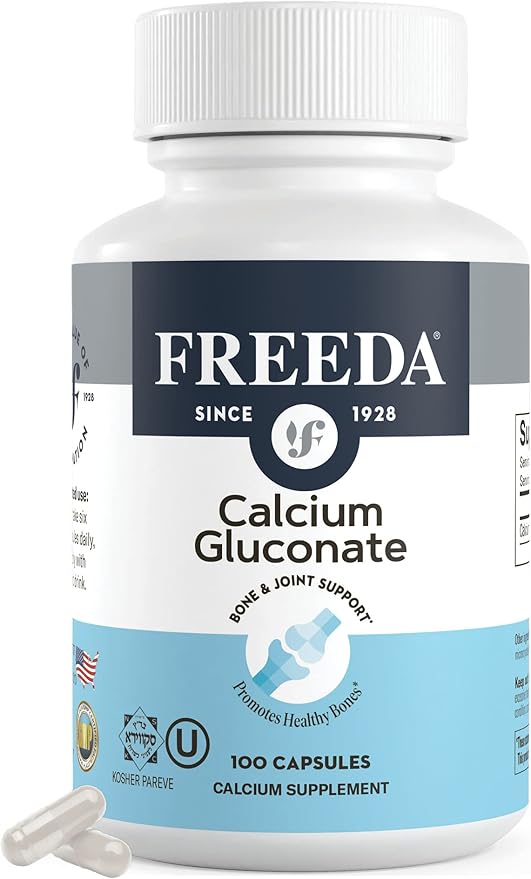 Freeda Calcium Gluconate - Kosher Vegan Calcium Supplement for Women & Men - Easy to Digest - Bone Health Supplement & Joint Support - Pure Calcium Supplement Without Vitamin D (100 Capsules)