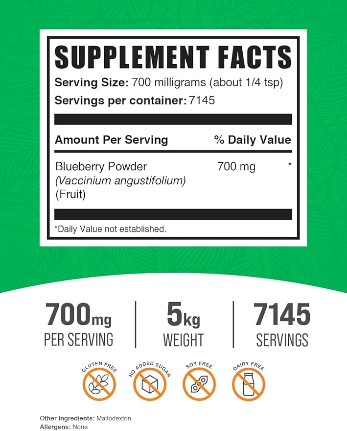 BulkSupplements.com Blueberry Powder - Blueberry Supplement, Wild Blueberry Powder - Antioxidant Support, Gluten Free, 700mg per Serving, 5kg (11 lbs) (Pack of 5)