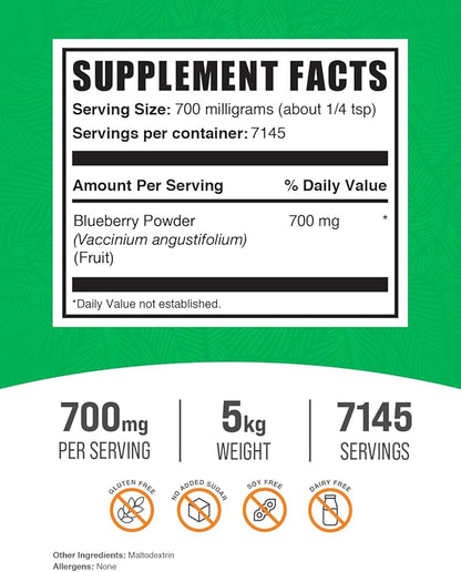 BulkSupplements.com Blueberry Powder - Blueberry Supplement, Wild Blueberry Powder - Antioxidant Support, Gluten Free, 700mg per Serving, 5kg (11 lbs) (Pack of 5)