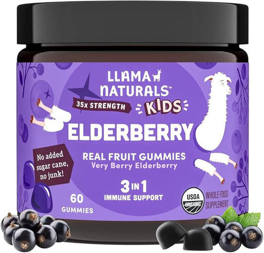 Llama Naturals Real Fruit Sambucus Elderberry Gummies for Kids | No Added Sugar Cane, Vegan, Organic Toddler Immune Support | Zinc & Natural Vitamin C | Children Immunity Boost | 60 ct (30 Days)