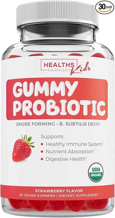 USDA Organic Probiotics for Kids (Non-GMO) Strawberry Flavor Kids Probiotic Gummies for Digestion & Immune Support - 2.5 Billion CFU of DE111 Spore Forming Strain for Maximum Survivability - 30 Gummys