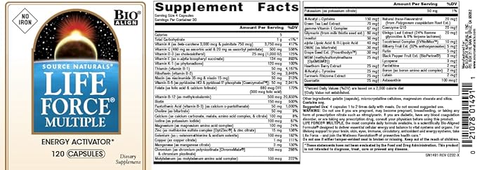Source Naturals Life Force Multiple Iron Free Daily Multivitamin High Potency Essential Vitamins, Minerals, Antioxidants & Nutrients - Energy & Immune Boost* - 120 Capsules