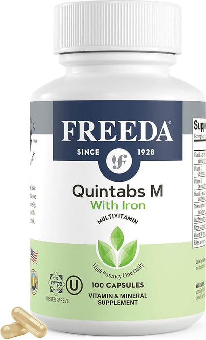 FREEDA Multivitamin – Quintabs-M with Iron – Kosher Multi Vitamins Supplements for Women Health - Multivitamins for Women & Iron-Deficient Men Adult Vitamins Multivitamin (100)
