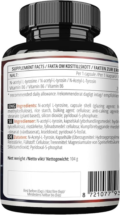 Apollo's Hegemony N-Acetyl-L-Tyrosine (NALT) 500mg and Active Vitamin B6 (P-5-P) 2mg - 120 Capsules - 4 Months Supply - High Strength Amino Acid Supplement - Cognitive Booster