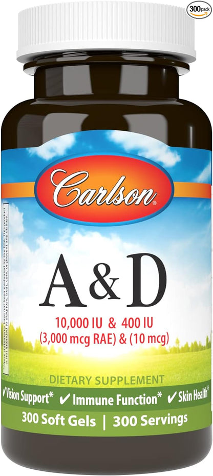 Carlson - A & D, 10000 IU (3000 mcg RAE) Vitamin A, 400 IU (10 mcg) Vitamin D3, Vision Support, Skin Health, 300 Soft Gels