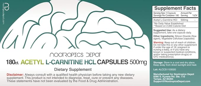 Nootropics Depot Acetyl L-Carnitine Capsules | 500mg | 180 Count | HCL Form | Energy Supplement | Supports Mitochondrial Function | ALCAR HCL