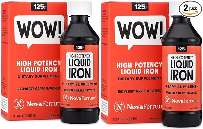 NovaFerrum Wow | 125 High Potency Liquid Iron Supplement | Liquid Iron for Adults | Iron Deficiency | 125mg of Iron Per 5mL Dose | Vegan Verified | Gluten Free Certified | Sugar Free (Pack of 2)
