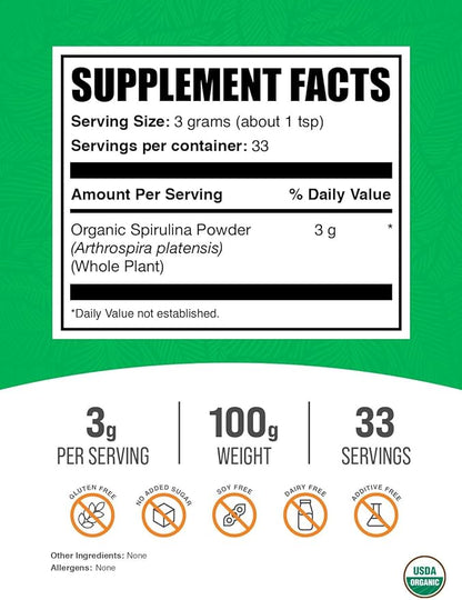 BulkSupplements.com Organic Spirulina Powder - Superfood Powder, Green Spirulina Powder, Spirulina Organic - Vegan-Friendly, 3000mg per Serving, 100g (3.5 oz) (Pack of 1)