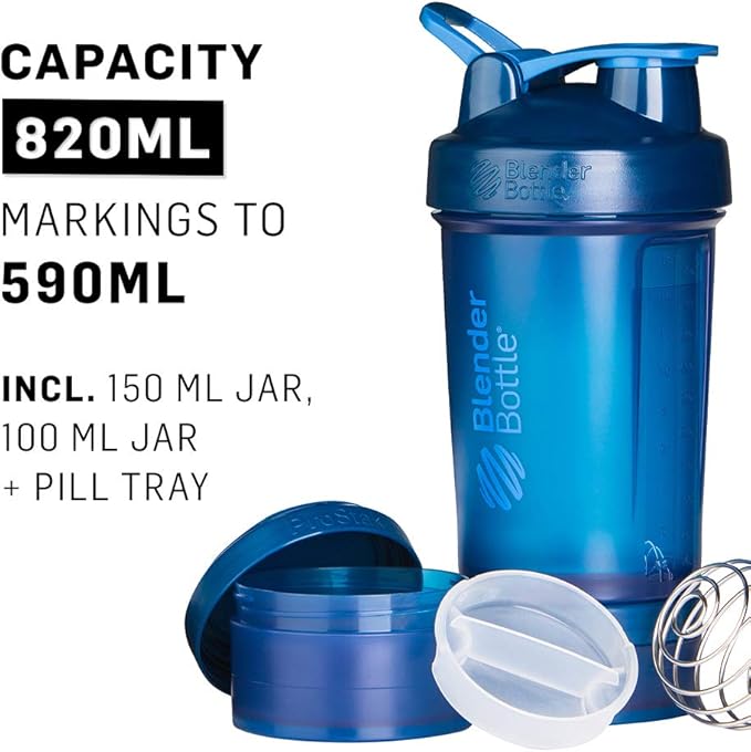 BlenderBottle Shaker Bottle with Pill Organizer and Storage for Protein Powder, ProStak System, 22-Ounce, Navy