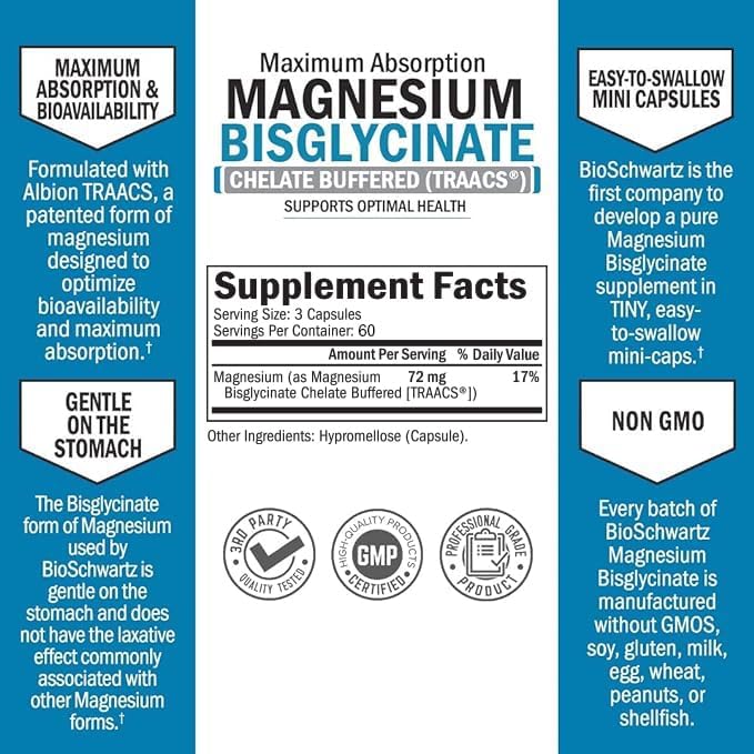 Magnesium Bisglycinate 100% Chelate No-Laxative Effect - Maximum Absorption Magnesium Supplement - Fully Reacted & Buffered for Energy Muscle Bone & Joint Support - Non-GMO Project Verified -180ct