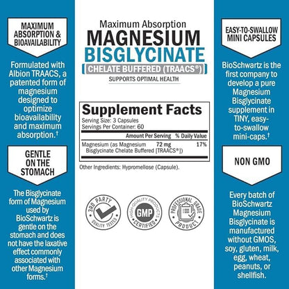 Magnesium Bisglycinate 100% Chelate No-Laxative Effect - Maximum Absorption Magnesium Supplement - Fully Reacted & Buffered for Energy Muscle Bone & Joint Support - Non-GMO Project Verified -180ct